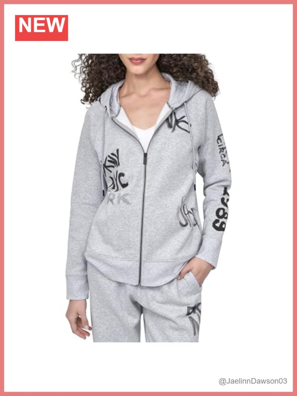 DKNY Full Zip Graffiti Logo Hoodie Sweatshirt with Pockets